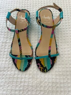 Amalfi Multicolor Snake-Print T-Strap Sandals with Teal Accents